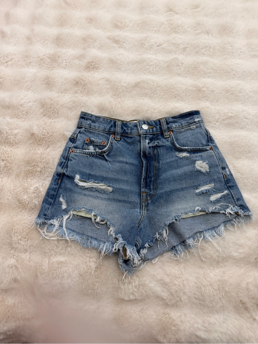 ZARA Distressed High-Waist Women’s Denim Shorts - Blue size 0